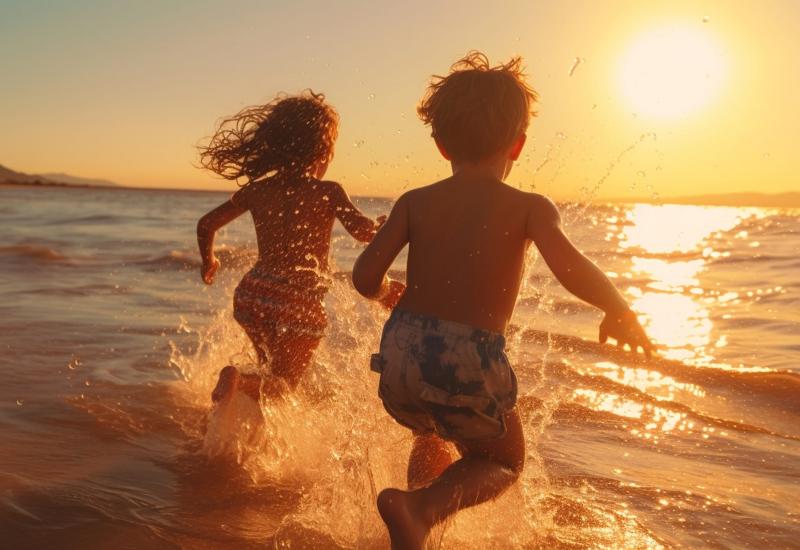 happy two children ,small boys on sunset sea run and play on beach and in sea water, sunbeam light refclection on wave splash drops