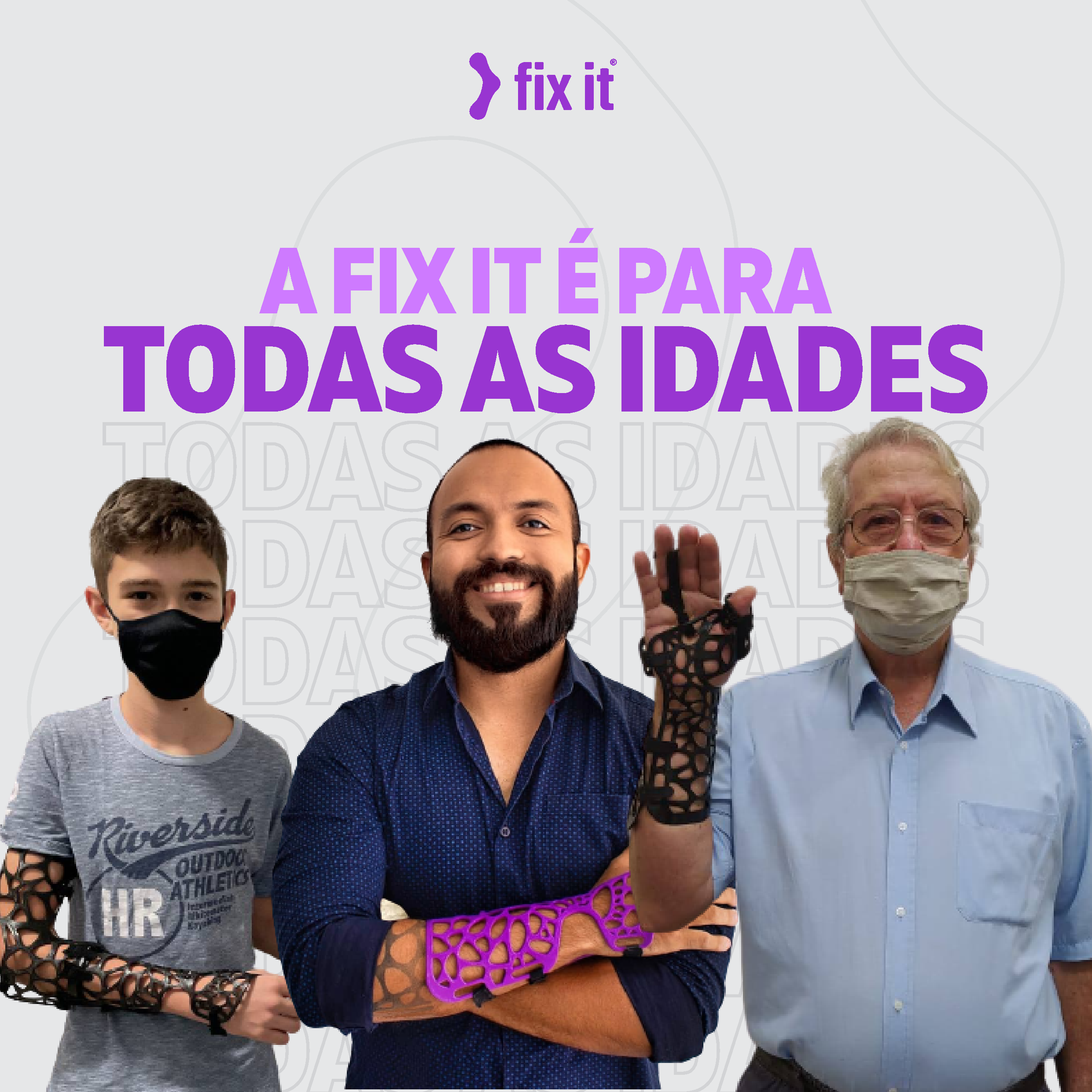 Imagem mostra menino, homem e senhor usando a fix it, órtese inovadora disponível na Unimed VTRP