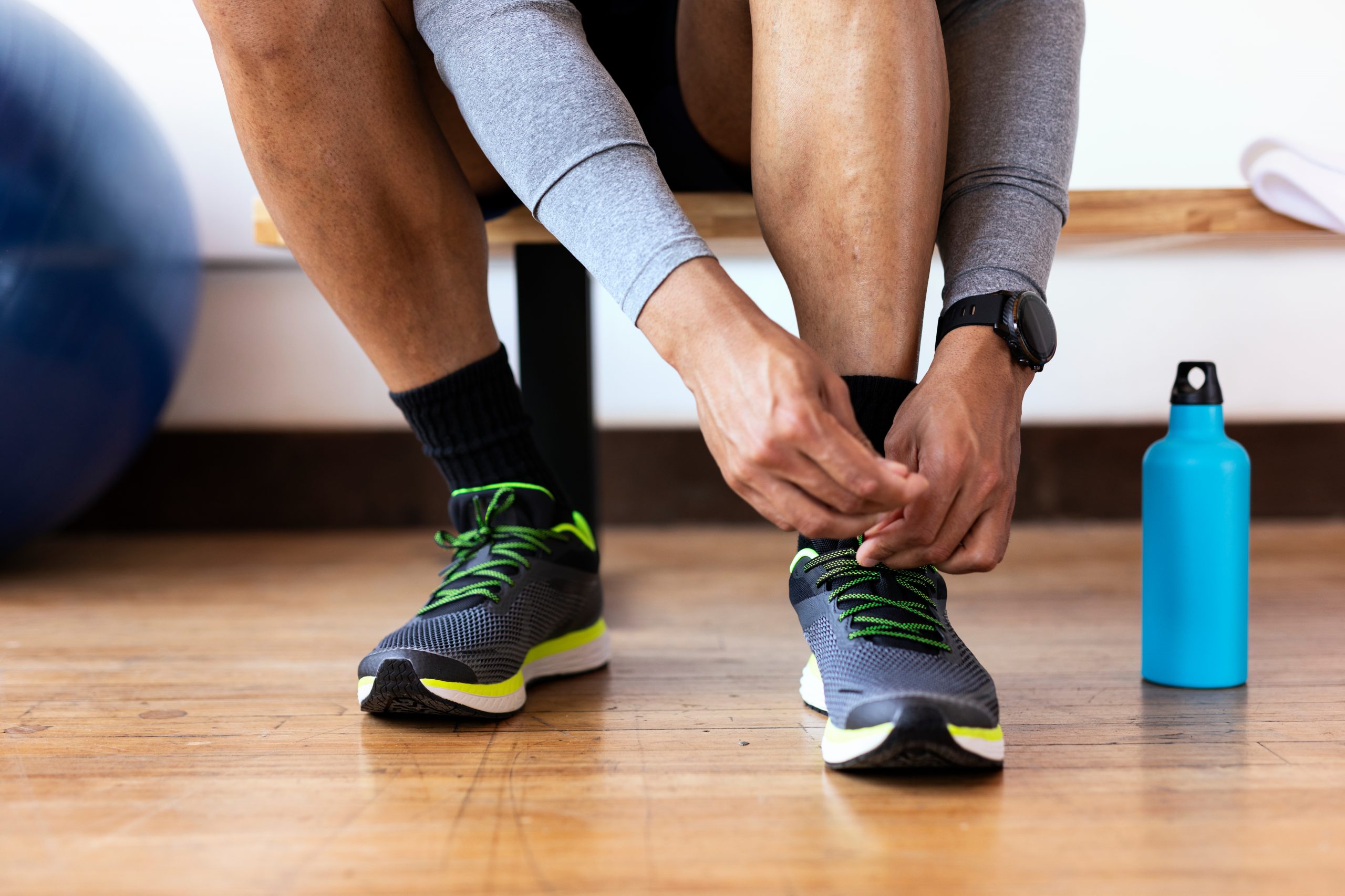 Putting on sports shoes