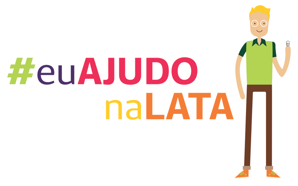 Imagem com o Texto "#EuAjudonaLata" e imagem de uma pessoa segurando um lacre de alumínio