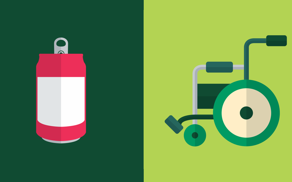Ilustração de uma latinha de alumínio e uma cadeira de rodas